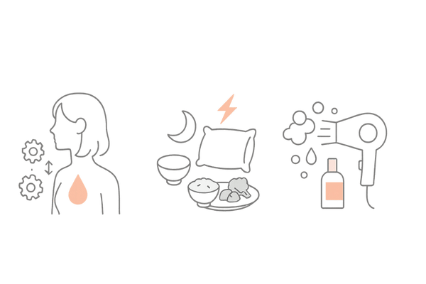 女性のてっぺんが薄くなる主な原因|ホルモン・生活習慣・誤ったヘアケアのイメージ