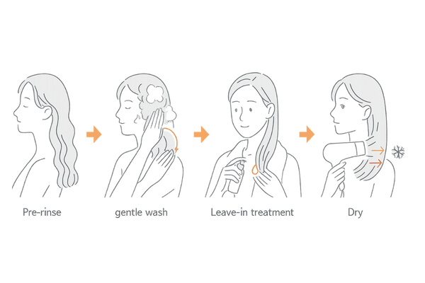 50代の髪のパサつき改善セルフケア手順イラスト（予洗い→やさしく洗う→アウトバス→冷風仕上げ）