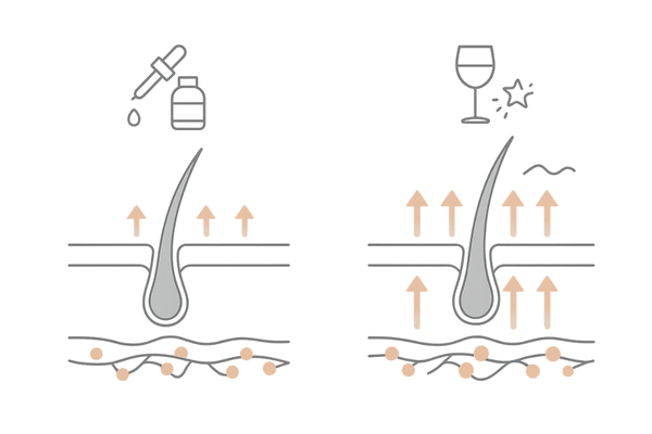 ミノキシジルとアルコール併用で起こる血圧低下・めまいのリスク図解（女性の薄毛治療における相互作用イメージ）