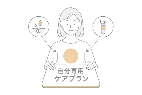 女性の頭皮状態と遺伝的リスクを総合して自分専用のケアプランを立てるイメージイラスト