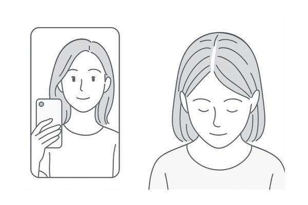 SNSや自撮りで分け目の広がりに気づく若い女性のイメージ