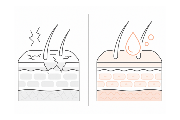 乾燥した頭皮バリアと保湿成分で整う頭皮環境のイメージ図