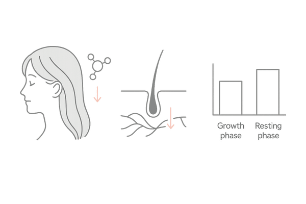 50代女性の前髪薄毛の主な原因（ホルモン低下・血行不良・毛周期の乱れ）図解