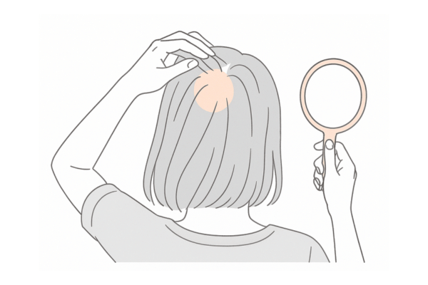 つむじ周辺の毛流れ・密度の変化を合わせ鏡でチェックする女性の後頭部