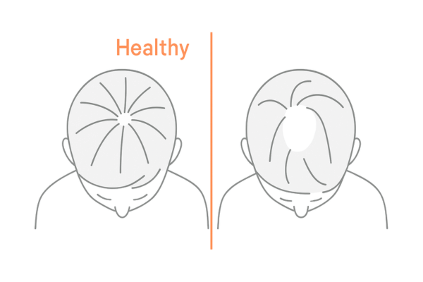 女性のつむじの渦がぼやける・割れる様子のビフォーアフター比較図