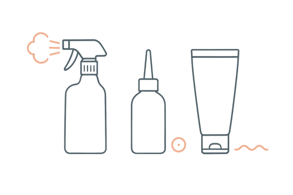 女性用育毛剤の剤形（スプレー・ノズル式リキッド・ジェル）の比較イメージ
