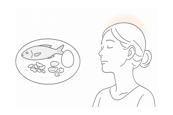 髪に必要な栄養（たんぱく質・亜鉛・ビタミン）と睡眠での回復をイメージした女性のセルフケア