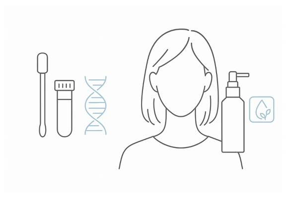 遺伝子検査キット（唾液採取）とパーソナライズされた女性用育毛ケアのイメージ