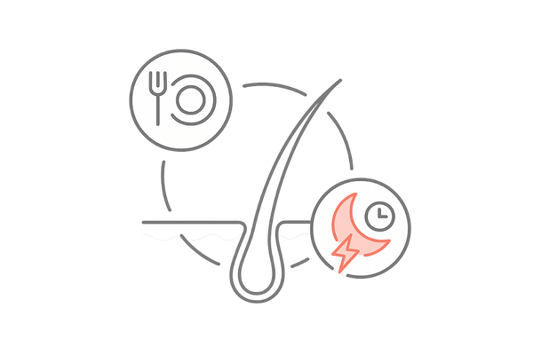 10代20代の女性の薄毛リスク要因イメージ(ダイエット・ストレス・睡眠不足)