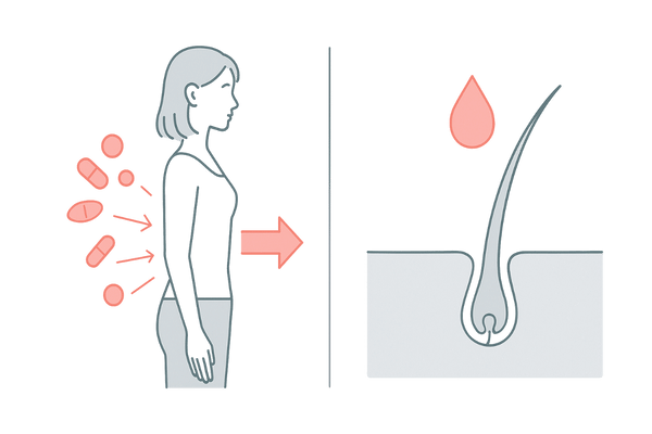 飲み薬による全身作用と外用育毛剤の頭皮ケアを比較したイメージ