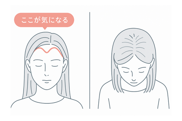 女性のM字型生え際とFAGAパターンのイメージ図