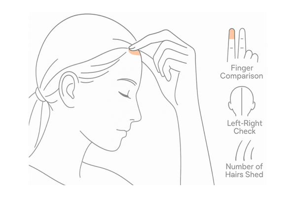 生え際を指でつまんで太さと密度をセルフチェックする女性