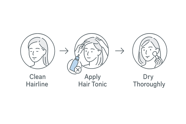育毛剤→乾かす→メイクの順番を示すケアフロー