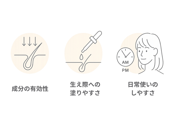 生え際育毛剤ランキングの評価基準（成分・ノズル・使いやすさ）のイメージ