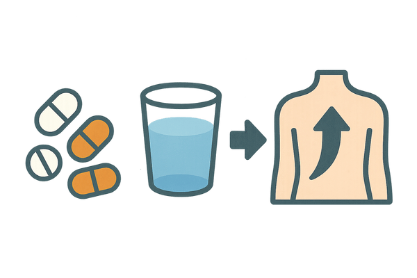 水分と薬の服用で吸収を高めるイメージ