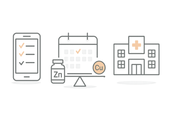 服用記録と受診の目安イメージ（アプリ・カレンダー・医療機関）