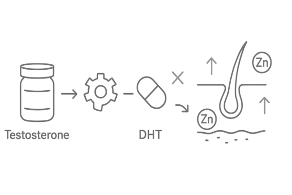プロペシアと亜鉛の相乗効果を示す作用メカニズム図